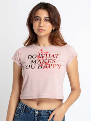 Status Quo Printed, Typography Women Round Neck Pink T-Shirt