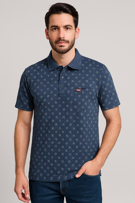SAND PIPER Printed Men Polo Neck Navy Blue T-Shirt