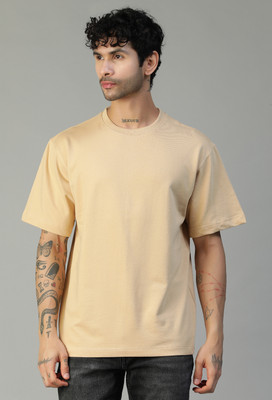 Dili Clothing Solid Men Round Neck Beige T-Shirt