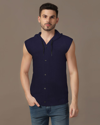 GEUM Solid Men Hooded Neck Navy Blue T-Shirt