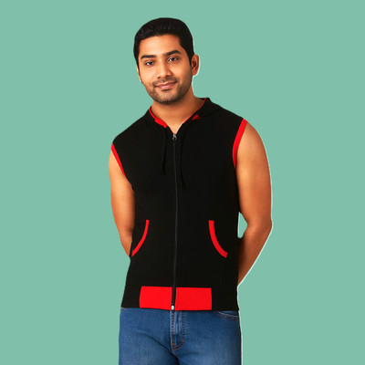 VASTRAART Solid Men Hooded Neck Black, Red T-Shirt