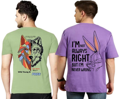 Clothy Trend Printed Men Round Neck Green, Purple T-Shirt
