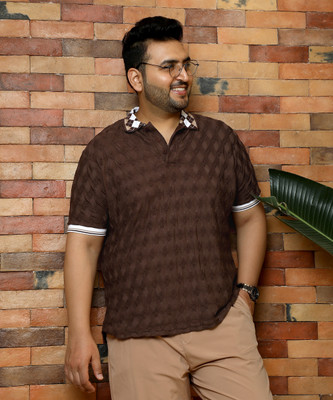 Instafab Plus Self Design Men Polo Neck Brown T-Shirt