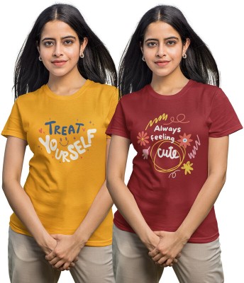 Reifica Printed Women Round Neck Yellow, Maroon T-Shirt