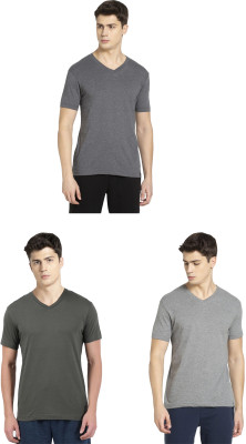 JOCKEY Solid Men V Neck Grey, Dark Green T-Shirt