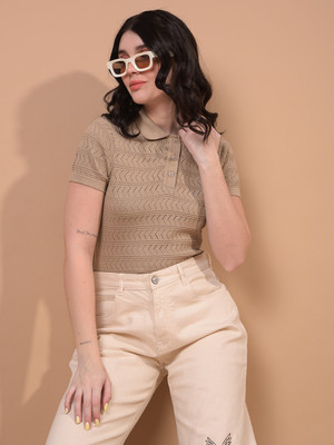 CRIMSOUNE CLUB Self Design Women Polo Neck Beige T-Shirt