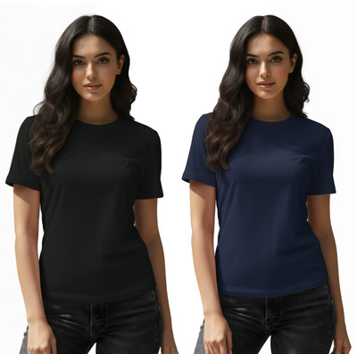 Piekncart Solid Women Round Neck Reversible Navy Blue, Black T-Shirt