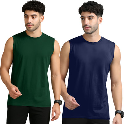 Adorbs Solid Men Round Neck Dark Green, Dark Blue T-Shirt