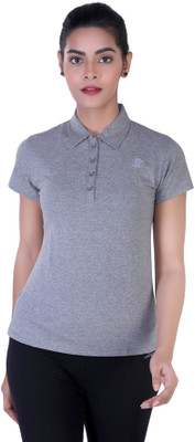 Laasa Sports Solid Women Polo Neck Grey T-Shirt