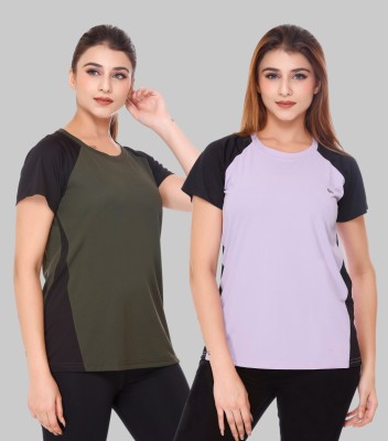 White Moon Colorblock Women Round Neck Multicolor T-Shirt