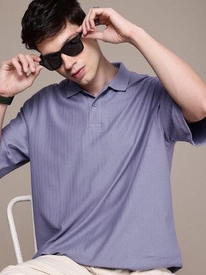 WROGN Self Design Men Polo Neck Purple T-Shirt