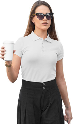 Fighterhero Solid Women Polo Neck White T-Shirt