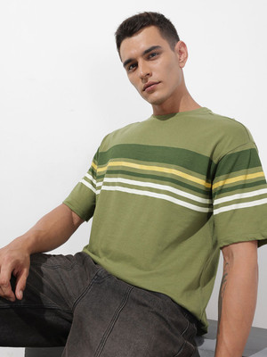 Roadster Striped Men Round Neck Green T-Shirt