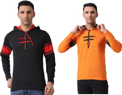 XECTUS Solid Men Hooded Neck Black, Orange T-Shirt