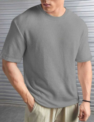 boombaam Self Design Men Round Neck Grey T-Shirt
