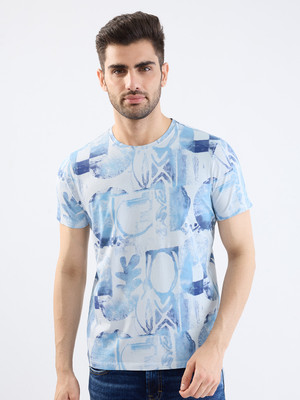 Spykar Printed Men Round Neck White, Blue T-Shirt