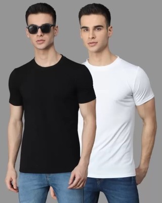 LIVAX COTTY Solid Men Round Neck Black, White T-Shirt