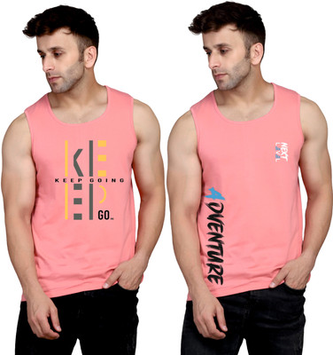 SLOWLORIS Printed Men Round Neck Pink T-Shirt