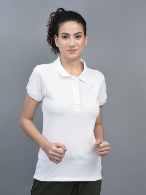 Dollar Missy Solid Women Polo Neck Reversible White T-Shirt