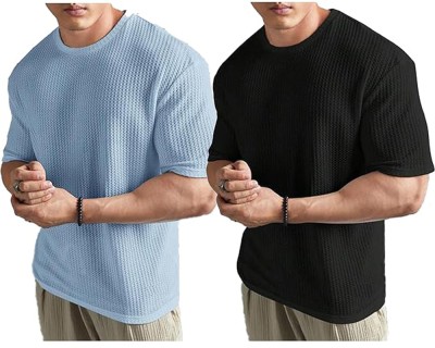 Adam White Striped Men Round Neck Black, Blue T-Shirt