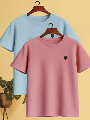 Yazole Solid Men Round Neck Pink, Light Blue T-Shirt