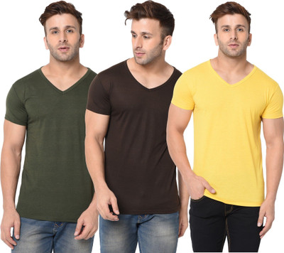 JB Jangoboy Solid Men V Neck Green, Brown, Yellow T-Shirt