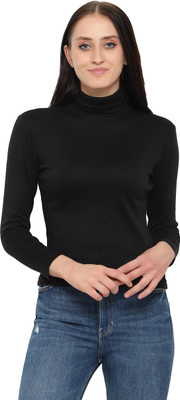 MYO Solid Women High Neck Black T-Shirt