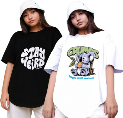 R S Fashion Printed Women Round Neck Black, White T-Shirt