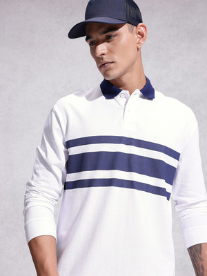 WROGN Striped Men Polo Neck White T-Shirt