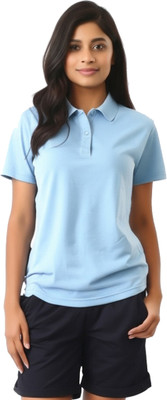 MOJILO Solid Women Polo Neck Light Blue T-Shirt