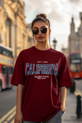 JUNEBERRY Printed, Typography Women Round Neck Maroon T-Shirt
