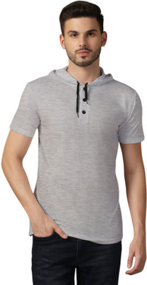 GEUM Solid Men Hooded Neck Grey T-Shirt