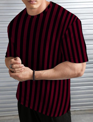 KAJARU Striped Men Round Neck Maroon T-Shirt