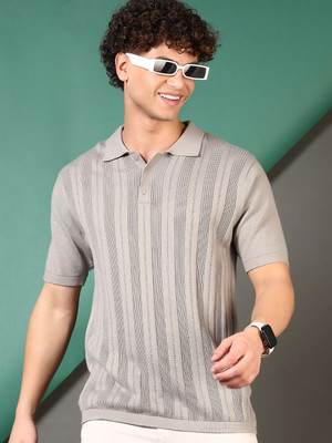 V-MART Self Design Men Polo Neck Grey T-Shirt
