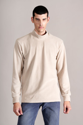 CANTABIL Solid Men Turtle Neck Beige T-Shirt