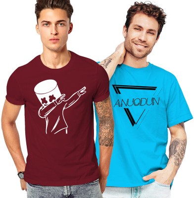 FADMARK Printed Men Round Neck Maroon, Blue T-Shirt