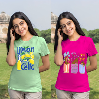 Kintu Parantu Printed Women Round Neck Pink, Green T-Shirt