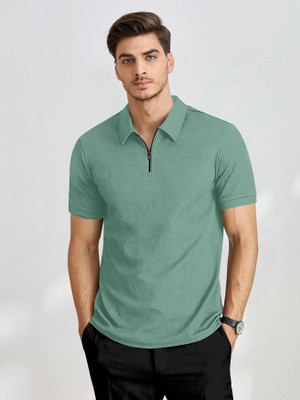 METRONAUT Solid Men Zip Neck Light Green T-Shirt