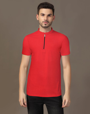 tfurnish Solid Men Mandarin Collar Red T-Shirt