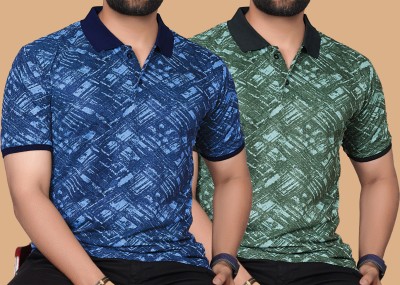 KAJARU Printed Men Polo Neck Green, Blue T-Shirt