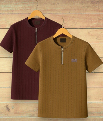PRAIZY Solid Men Round Neck Purple, Brown T-Shirt