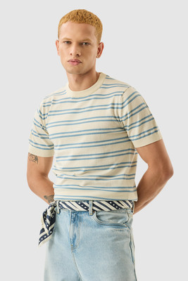 Snitch Striped Men Crew Neck Beige T-Shirt