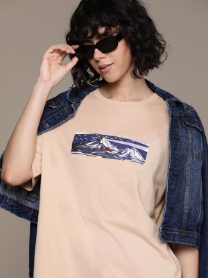 Roadster Printed Women Round Neck Beige T-Shirt