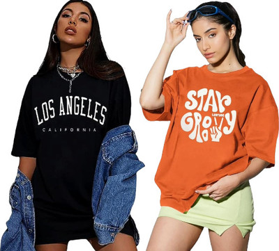 DIAZ Printed Women Round Neck Black, Orange T-Shirt