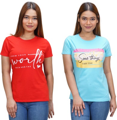 Padmakshi Printed Women Round Neck Red, Dark Blue T-Shirt