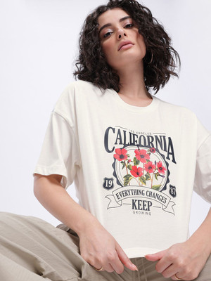 Glitchez Printed Women Round Neck White T-Shirt