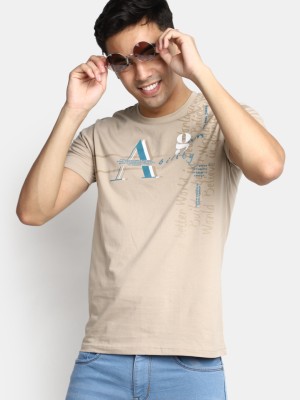 V-MART Printed, Typography Men Round Neck Beige T-Shirt