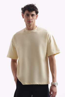 IMUCI Solid Men Crew Neck Beige T-Shirt
