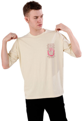 french crown Printed, Typography Men Round Neck Beige T-Shirt