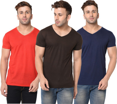 JB Jagoboy Solid Men V Neck Dark Blue, Red, Brown T-Shirt